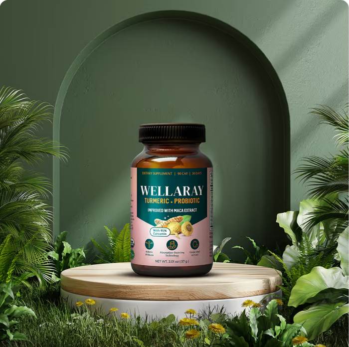 Wellaray Turmeric + Probiotic Blend Dose auf einem Podest